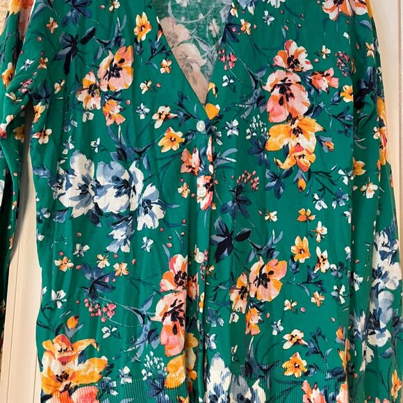 Loft Green Floral V Neck Long Sleeve Cardigan - Medium - Picture 3 of 4